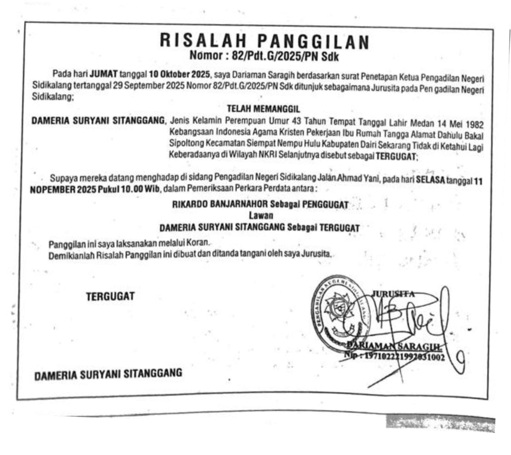 Relaas Panggilan Umum 82/Pdt.G/2025/PN Sdk